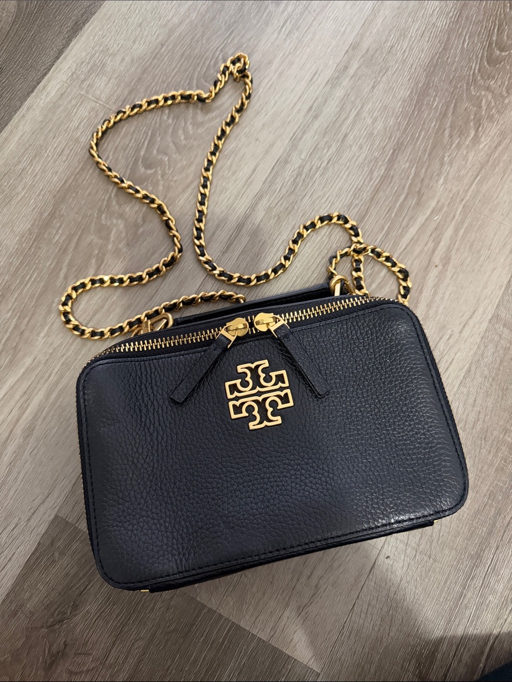 Black Leather Crossbody Bag with Gold Chain